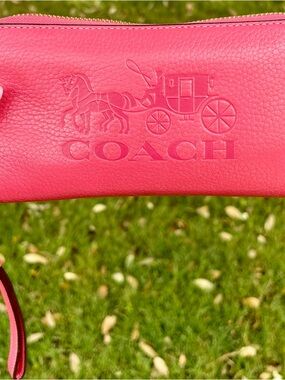 COACH Pink Leather Zip Around Wallet Large Logo Wristlet
